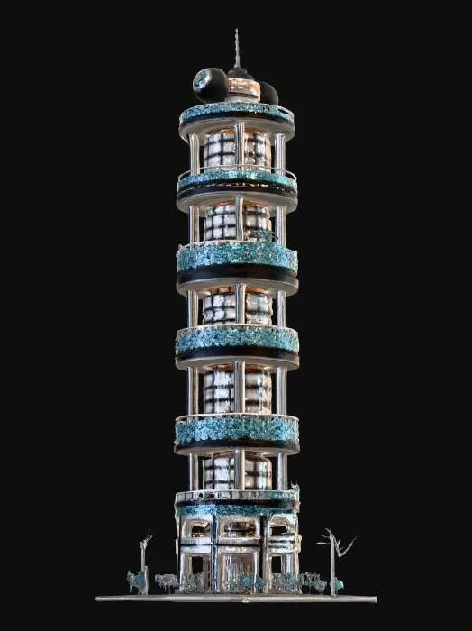 3D model for A 10-meter model of a modern-Japanese high-rise tower, with a fun 怪獣 theme. 8k colorful textures, all sides match well. symmetrical. well drawn windows, glass, and steel, intricate and ornate girder and floor textures. NVIDIA OptiX, Daz3D, deeply carved detail, highest quality, highest resolution, insane detailed, zbrush, v-ray, Meshy masterpiece, prize winning, computerized fiber-optic lighting.