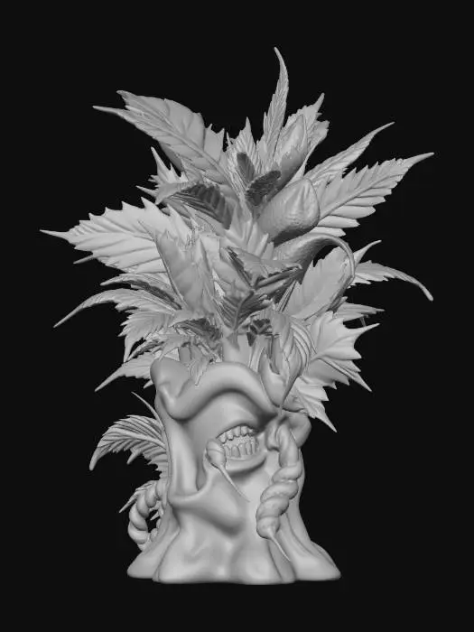3D model for a valuable porcelain sculpt of a vicious hybrid carnivorous plant crossed with a marijuana plant. professional monstershop quality.