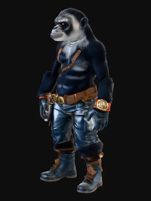 3D model for A character, mostly naked, mudborne, industrialpunk, Planet-of-the-Apes, silver-back ape student. 8k highly detailed features. black fur.