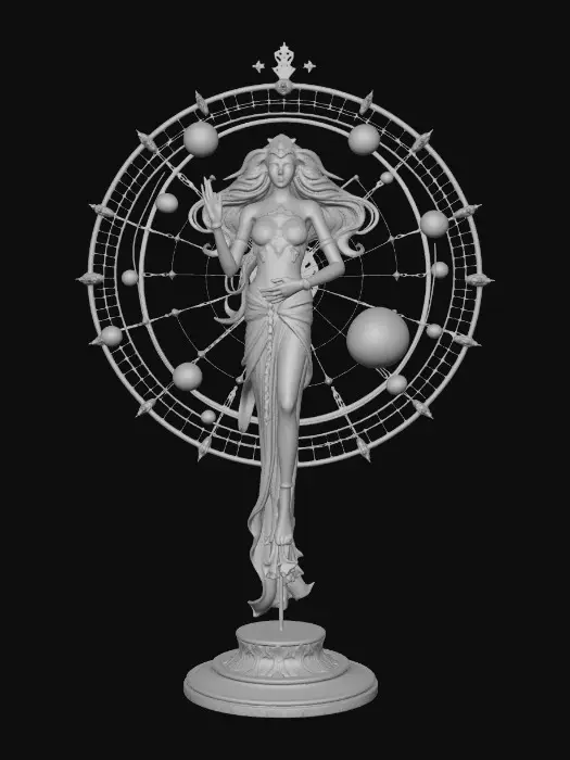 3D model for Very complex and intricate Orrery with tens of planets and orbs and interesting parts held by golden wires orbiting around a Beautiful dazzling woman, a goddess in the nude, in a stylistic standing pose, long legs, NVIDIA textures.