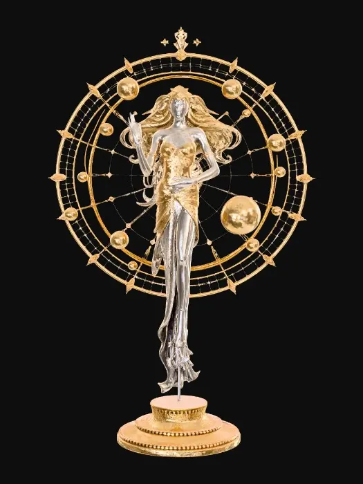 3D model for Very complex and intricate Orrery with tens of planets and orbs and interesting parts held by golden wires orbiting around a Beautiful dazzling woman, a goddess in the nude, in a stylistic standing pose, long legs, NVIDIA textures.