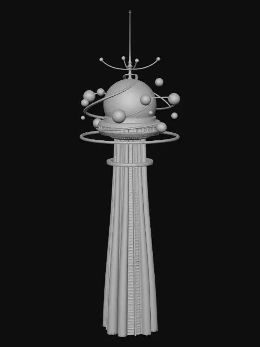 3D model for Very complex and intricate Orrery with planets and orbs and interesting parts held together by golden wires orbiting around the top of a tall modern water-tower, NVIDIA 8k textures. Add a few highly Detailed planets