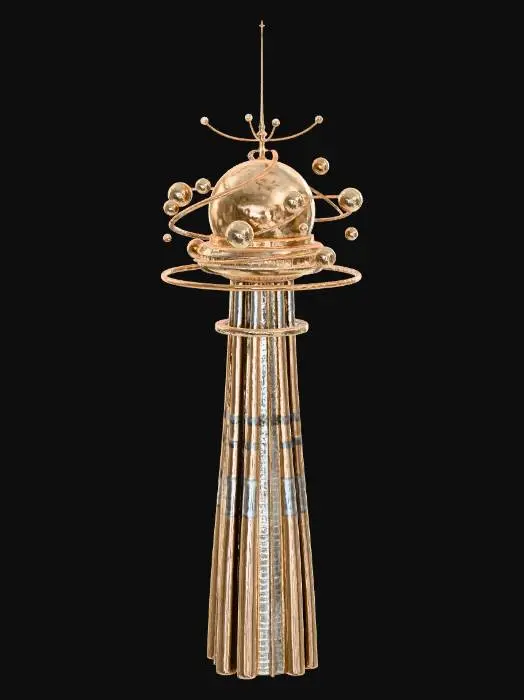 3D model for Very complex and intricate Orrery with planets and orbs and interesting parts held together by golden wires orbiting around the top of a tall modern water-tower, NVIDIA 8k textures. Add a few highly Detailed planets