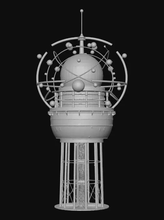 3D model for Very complex and intricate Orrery with planets and orbs and interesting parts held together by golden wires orbiting around the top of a tall modern water-tower, NVIDIA 8k textures. Add a few highly Detailed planets