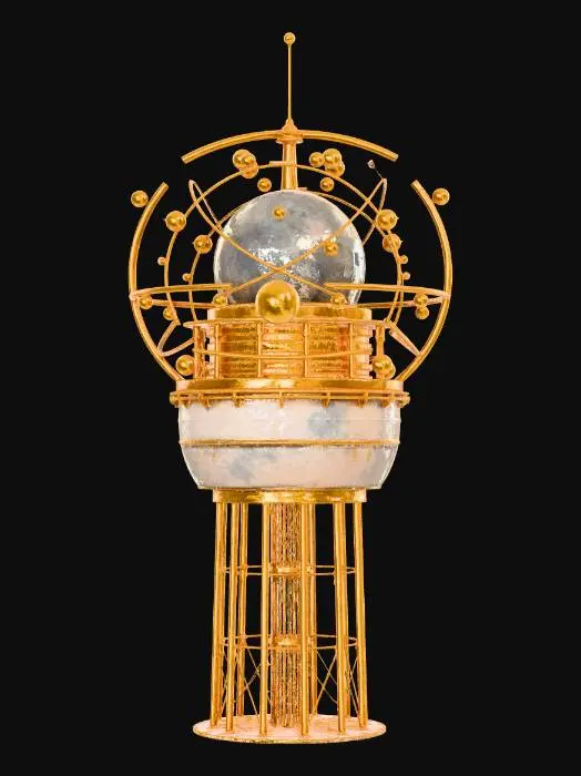 3D model for Very complex and intricate Orrery with planets and orbs and interesting parts held together by golden wires orbiting around the top of a tall modern water-tower, NVIDIA 8k textures. Add a few highly Detailed planets