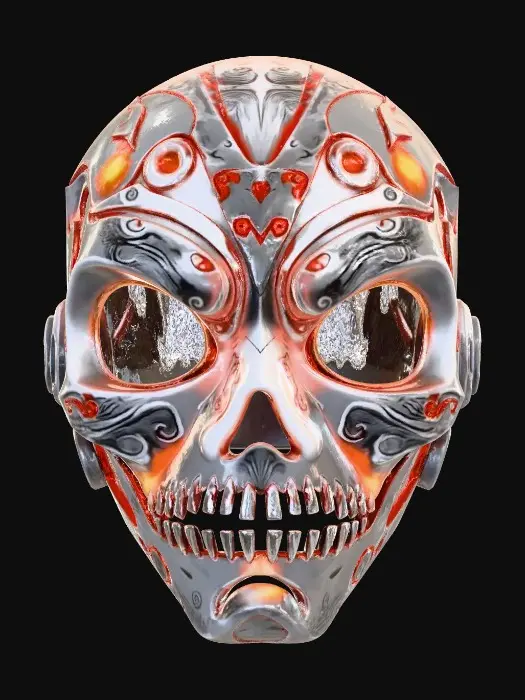 3D model for A unique cyber masquerade mask, of an infamous serial-killer as a child.  Even though it’s horrific the mask should be professionally designed, transparent silicon accents, ornate craftsmanship, intricate details, 8k textures.