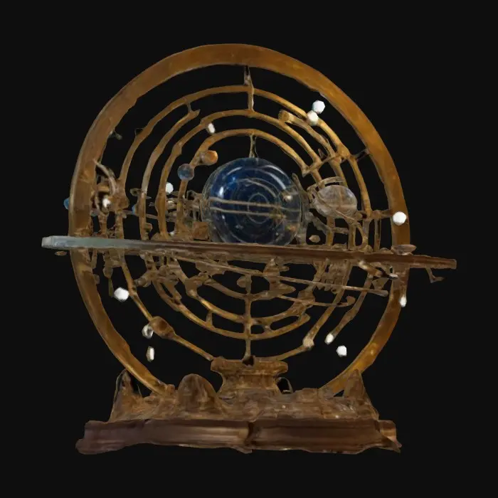 3D model for A 10-meter life-size detailed Orrery made of intricate crafted glass, deeply carved details, master craftsmanship, discretionary Christmas decoration, well lit, outside, center of the park, 4k, NVIDIA volumetric lighting. #ChristmasAdventure#