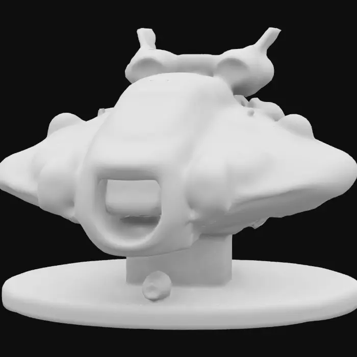 3D model for A 2-meter life-size model of a polished Battlestar Galactica colonial viper, tabletop miniature fighter-craft, Star Fleet Battles, game miniature, made of silver glass and painted for Christmas. NVIDIA volumetric lighting, engine glow, on a gold wizkids heroclix base, deeply carved details. #ChristmasAdventure#