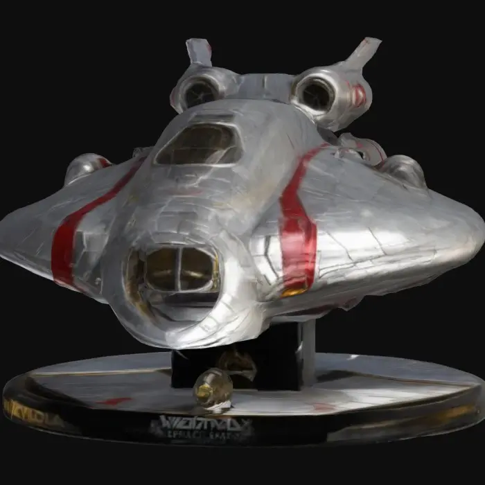 3D model for A 2-meter life-size model of a polished Battlestar Galactica colonial viper, tabletop miniature fighter-craft, Star Fleet Battles, game miniature, made of silver glass and painted for Christmas. NVIDIA volumetric lighting, engine glow, on a gold wizkids heroclix base, deeply carved details. #ChristmasAdventure#