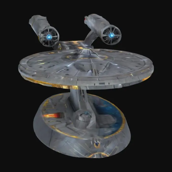 3D model for A 1 meter model of The USS Enterprise 1701A, tabletop miniature starship, Star Fleet Battles, game miniature, made of pewter and painted for Christmas. NVIDIA volumetric lighting, engine glow, on a gold wizkids heroclix base, deeply carved details. #ChristmasAdventure#