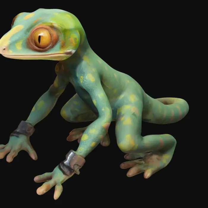 3D model for Low-poly, cartoon, A male character, nude, naked, rustborne industrialpunk, humanoid gecko, 8k highly detailed features. Naked unusual patterns, intelligence officer.