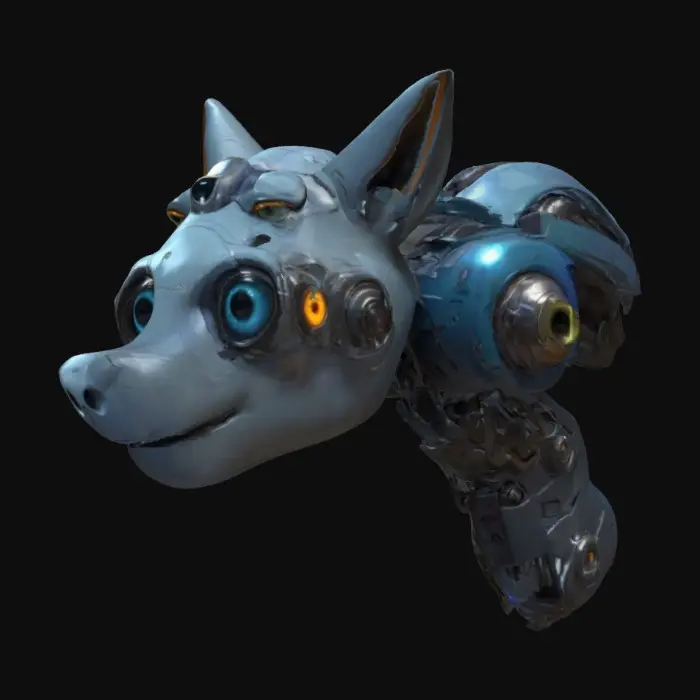3D model for Medium-poly, Pixar style, Chrono-forge masterpiece of a super modern-eye implant weapon. Showing close up of head and ere on a humanoid animal, to show details of the eye weapon. #ChronoForgeWeapon#