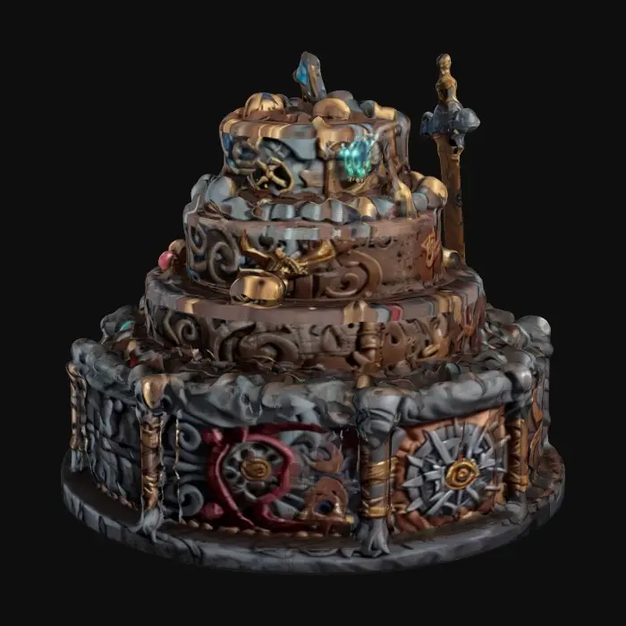 3D model for A highly detailed multi-tier cake for Chronoforge with a magical ax hacked into it. Stylized, Ultra Realistic, Highly Detailed, Unity engine, epic games, NVIVIA rendering.  #ChronoForgeWeapon#