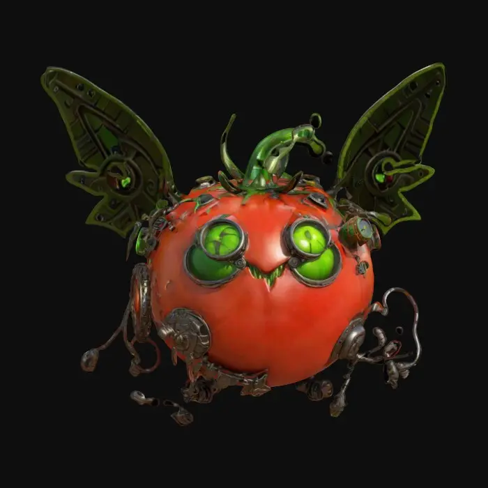3D model for Medium-poly masterpiece, perfect cartoon coloring, of a stunning steampunk chronoforge killer tomato. Funny super weapon.  Unity engine, epic games, NVIDIA, #ChronoForgeWeapon#