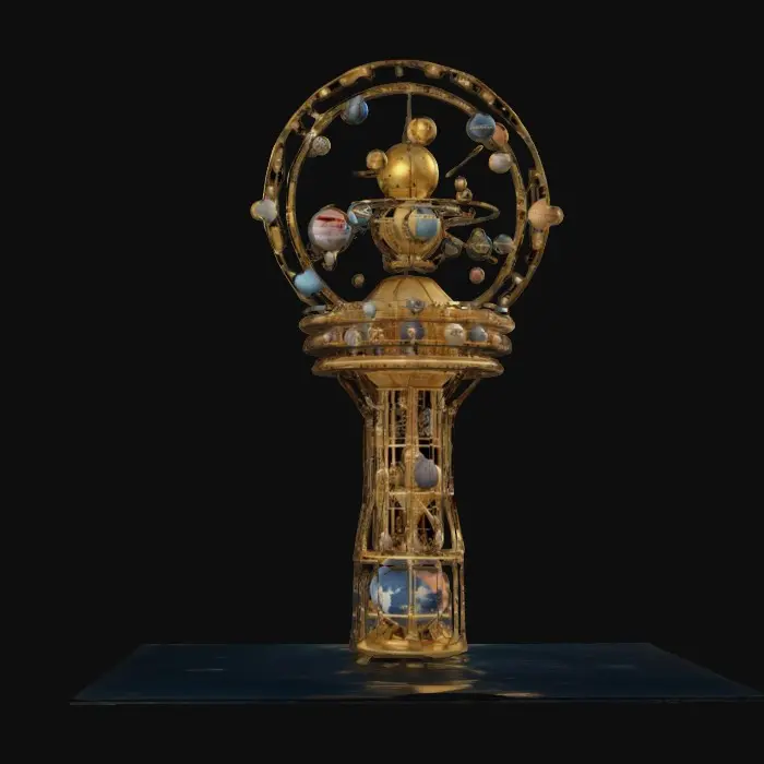 3D model for Very complex and intricate Orrery with tens of planets and orbs and interesting parts held by golden wires orbiting around the top of a tall modern water-tower, NVIDIA 8k textures. Add a few highly Detailed planets