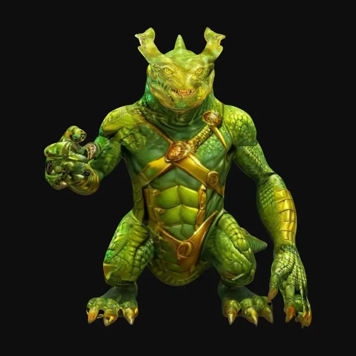 3D model for Medium-poly, cartoon masterpiece, A male Chrono-forge character, rustborne, humanoid reptilian cobra, Admiral. 8k highly detailed features. Green to gold color-shifting scales. Sparkling scales. Evil eyes. #ChronoForgeWeapon#