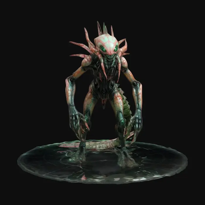 3D model for Create a prawn alien creature from the movie “District 9”, combined with a xenomorph covered in thin cloudy water. Aliencore, futurecore, cybercore. Grotesque biotech, leaking black blood. Standing in goop. 8k NVIDIA textures, Unity engine, game-ready, stylized and articulate. #ChronoForgeWeapon#