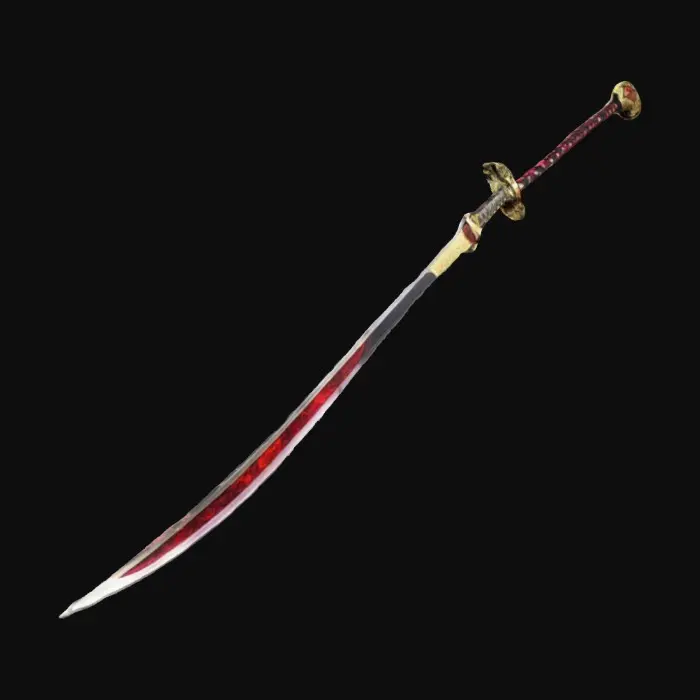 3D model for An astonishing ruby Zanpakutō katana sword, shining metallic gold outline. The blade is made of transparent ruby composite. 8k ultra-poly details.