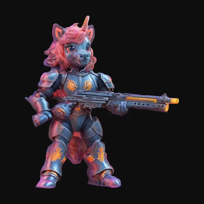 3D model for Medium-poly anthropomorphic pony, battle front Marine warrior.  Fire neon armor, cute but brave. Not a MLP.