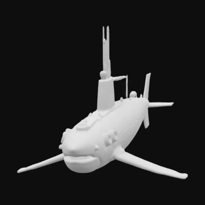 3D model for Create an orca-shaped submarine shooting a torpedo. Retrofuturecore, cybercore. 8k NVIDIA textures, Unity engine, game-ready, stylized and articulate. Silver with water reflection.