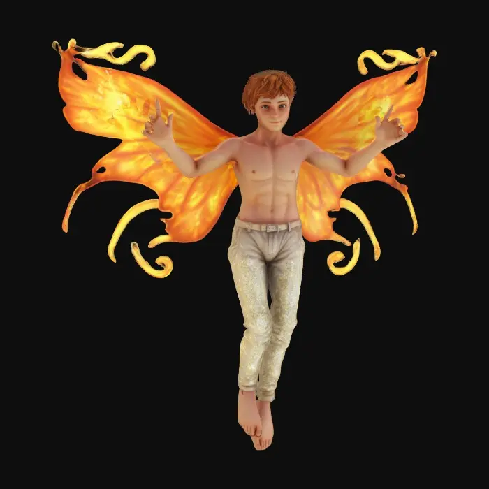 3D model for A 1-meter figure of an airborne cute boy little twinkling glitter male fairy burning in the sun rays. Wires of fire as wings. 8K textures. NVIDIA. #fairy#