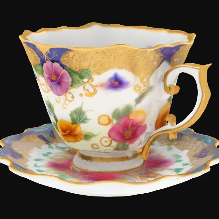 3D model for A colorful Bridgerton theme intricate teacup. 8K Detail, artistic masterpiece. Royal, regal, gold, porcelain, #fairy#