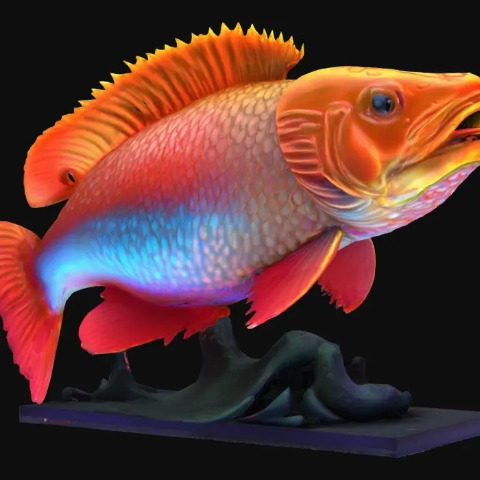 3D model for An intricate model of an Asian Arowana, NVIDIA OptiX, Daz3D, deeply carved detail, highest quality, highest resolution, insane detailed, zbrush, v-ray, Meshy masterpiece, prize winning, computerized fiber-optic lighting.
