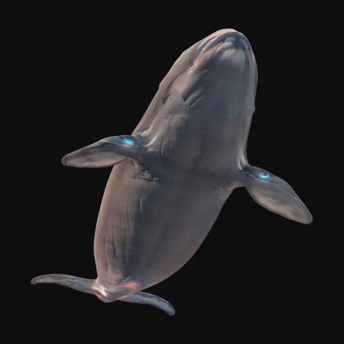 3D model for A giant floating albino sperm-whale. A realistic sperm-whale swimming above the clouds. The whale has balmy milk colored skin and giant black eyes. 8K textures.