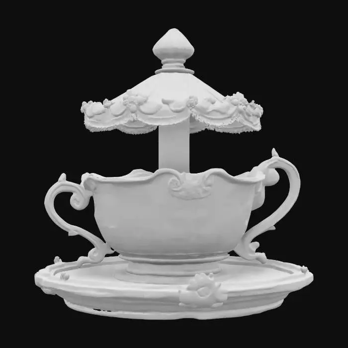 3D model for A colorful Bridgerton theme intricate teacup-ride. 8K Detail, artistic masterpiece. Royal, regal, flower-garden, porcelain, bisque, #garden#