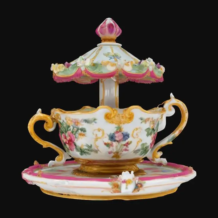 3D model for A colorful Bridgerton theme intricate teacup-ride. 8K Detail, artistic masterpiece. Royal, regal, flower-garden, porcelain, bisque, #garden#