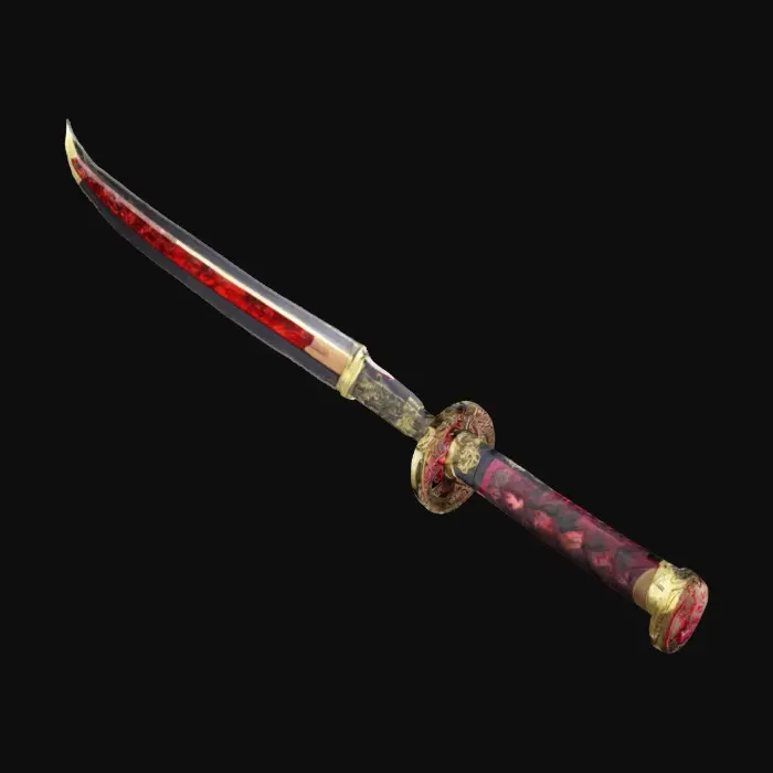 3D model for An astonishing ruby Zanpakutō katana sword, shining metallic gold outline. The blade is made of transparent ruby composite. 8k ultra-poly details.