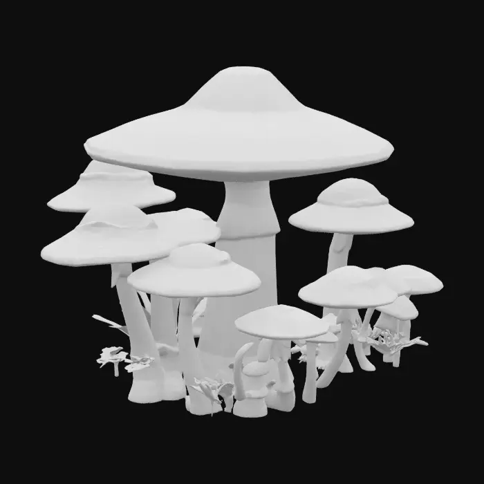 3D model for A high-poly mushroom garden, with alien plants intermixed among the shrooms. 8K details. 10 meters tall. Excellent lighting. #garden#