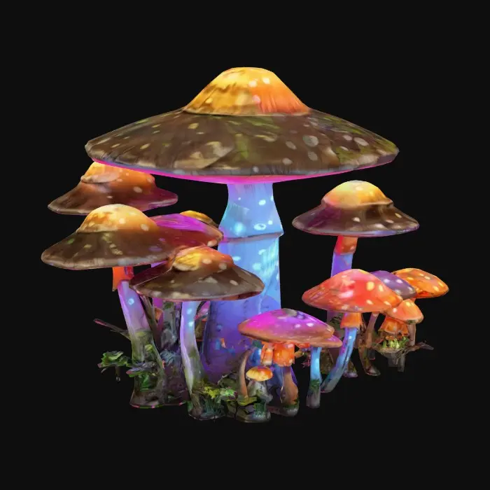 3D model for A high-poly mushroom garden, with alien plants intermixed among the shrooms. 8K details. 10 meters tall. Excellent lighting. #garden#