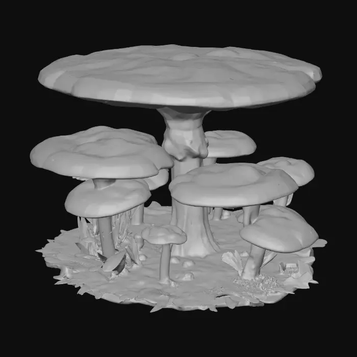 3D model for A high-poly mushroom garden, with alien plants intermixed among the shrooms. 8K details. 10 meters tall. Excellent lighting. #garden#