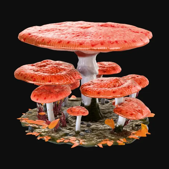 3D model for A high-poly mushroom garden, with alien plants intermixed among the shrooms. 8K details. 10 meters tall. Excellent lighting. #garden#