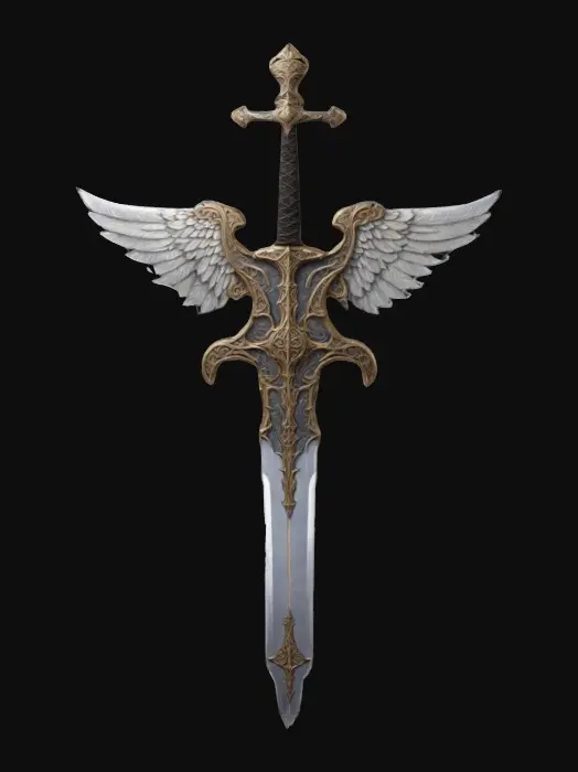 3D model for A large 2 handed sword blade an inch thick and 9 inches wide 5 foot long blade, cross guard is angel wings light designs on the blade runes on the blade 
