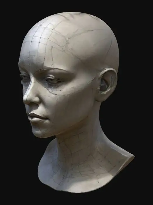 3D model for a bust of a female human head with the planes of the face exaggerated and blocked out for artistic reference somewhat in the asaro style the planes should be very well defined and highly detailed 
