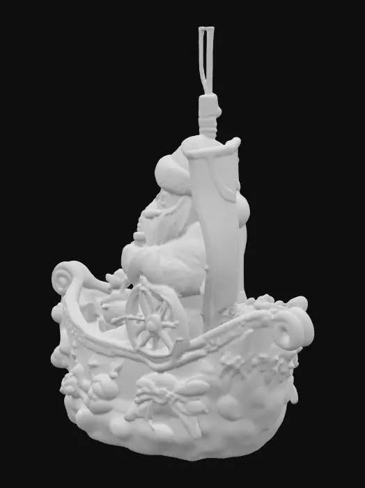 3D model for Create a Christmas tree ornament in the shape of a ship with Santa Claus inside in holiday colors.