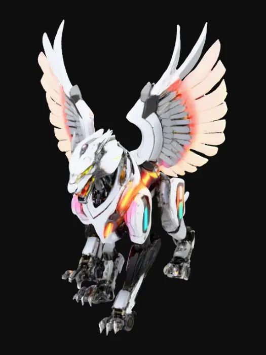 3D model for A cybernetic griffin merged with a lion mecha, glowing neon circuitry, sleek and polished armor plating.