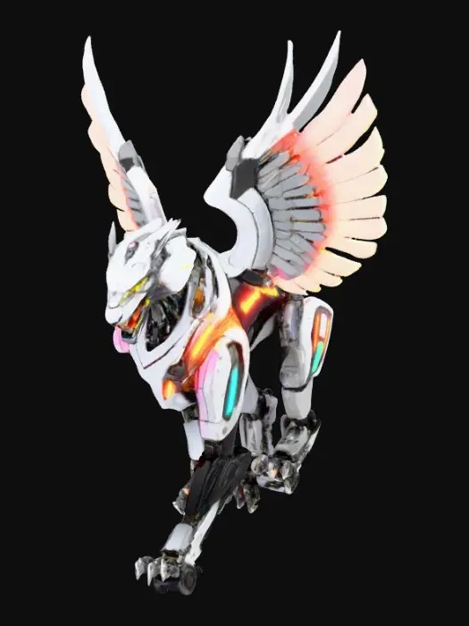 3D model for A cybernetic griffin merged with a lion mecha, glowing neon circuitry, sleek and polished armor plating.