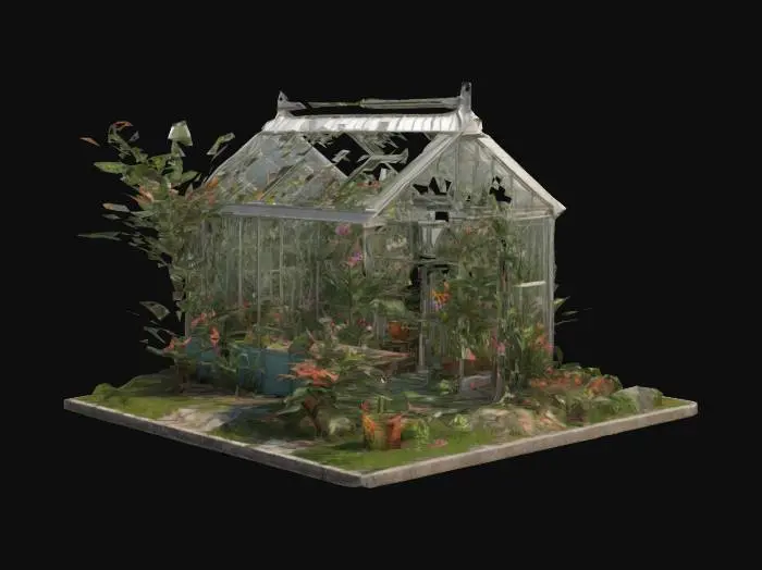 3D model for high detail isometric 1960's style greenhouse with exotic flowering plants, high resolution PBR textures.  Game ready asset suitable for 3D isometric game environment. isometric perspective, #garden#