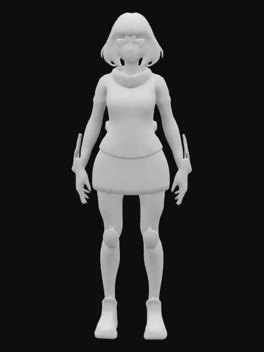 3D model for female cyberpunk Velma Dinkley character stands proudly in a powerful, dynamic pose, their legs shoulder-width apart and arms relaxed at their sides. their sleek, metallic cybernetic enhancements glistening with intricate, glowing circuits and wires visible beneath their warm translucent skin are covered in Velma's classic outfit of orange turtleneck knit top and short red plaid skirt. Their powerful gaze is fixed straight ahead through Velma's glasses under her classic short bob hairstyle.  