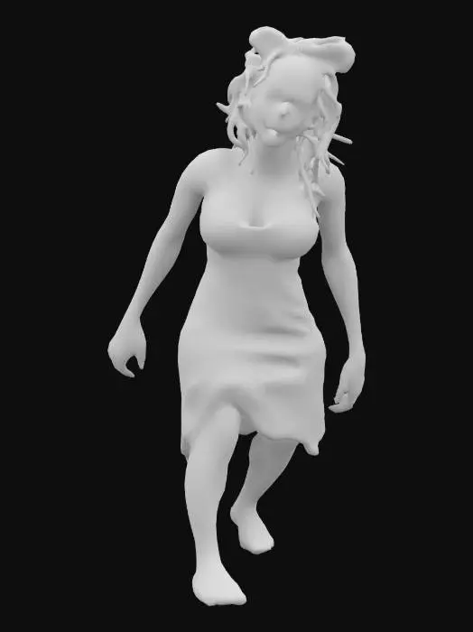 3D model for female waitress zombie with realistic proportions and a ghostly appearance. It wears a skimpy ripped waitress outfit of short dress and ripped open bodice, ripped stockings and flat shoes. The skin is decayed with cracks and subtle glowing veins, emphasizing its cursed nature. The overall form should mix ghostly transparency with solid details. Ultra-detailed, high resolution.