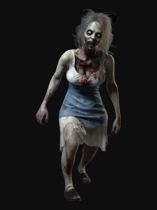 3D model for female waitress zombie with realistic proportions and a ghostly appearance. It wears a skimpy ripped waitress outfit of short dress and ripped open bodice, ripped stockings and flat shoes. The skin is decayed with cracks and subtle glowing veins, emphasizing its cursed nature. The overall form should mix ghostly transparency with solid details. Ultra-detailed, high resolution.