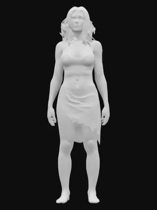 3D model for female waitress zombie with realistic proportions and a ghostly appearance. It wears a skimpy ripped waitress outfit of short dress and ripped open bodice, ripped stockings and flat shoes. The skin is decayed with cracks and subtle glowing veins, emphasizing its cursed nature. The overall form should mix ghostly transparency with solid details. Ultra-detailed, high resolution.