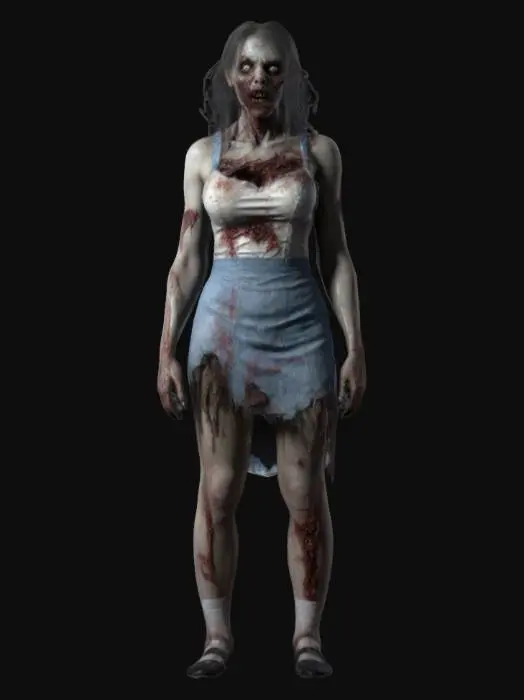 3D model for female waitress zombie with realistic proportions and a ghostly appearance. It wears a skimpy ripped waitress outfit of short dress and ripped open bodice, ripped stockings and flat shoes. The skin is decayed with cracks and subtle glowing veins, emphasizing its cursed nature. The overall form should mix ghostly transparency with solid details. Ultra-detailed, high resolution.