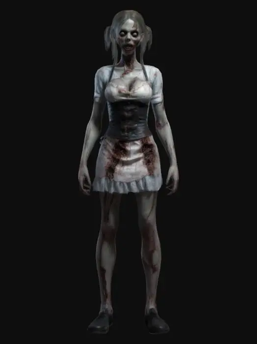 3D model for female waitress zombie with realistic proportions and a ghostly appearance. It wears a skimpy ripped waitress outfit of short dress and ripped open bodice, ripped stockings and flat shoes. The skin is decayed with cracks and subtle glowing veins, emphasizing its cursed nature. The overall form should mix ghostly transparency with solid details. Ultra-detailed, high resolution.