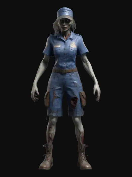3D model for female postal worker zombie with realistic proportions and a ghostly appearance. It wears tattered postal uniform and a worn cap. The skin is decayed with cracks and subtle glowing veins, emphasizing its cursed nature. The feet are covered with old, torn leather boots. The overall form should mix ghostly transparency with solid details. Ultra-detailed, high resolution.