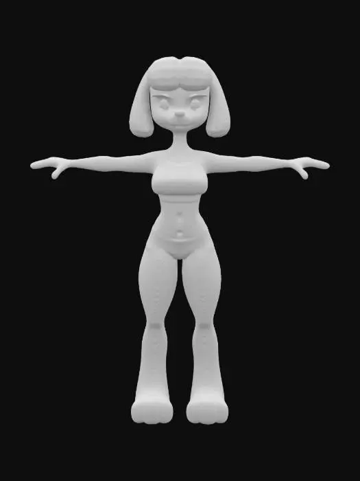 3D model for Sensual anthropomorphic female poodle, game asset, Standing in a UE5 game ready T-Pose with hands away from her body.  Her body has supple limbs and a realistic, sensual physique that has toned muscles. Dressed in a sleeveless, cropped t-shirt and floral shorts. She has large, expressive eyes and small floppy ears. She stands tall and confident in a game ready T-Pose. She has well-defined humanoid anatomy and she exudes both grace and agility. 


