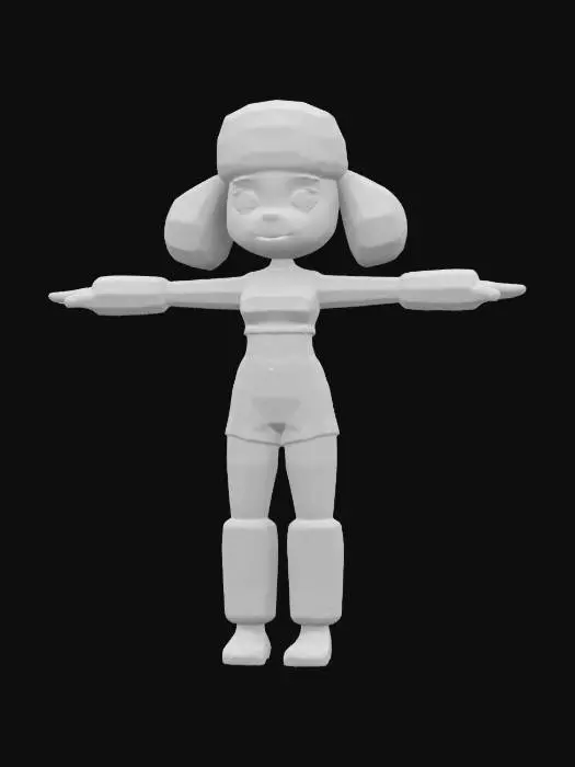 3D model for Sensual anthropomorphic female poodle, game asset, Standing in a UE5 game ready T-Pose with hands away from her body.  Her body has supple limbs and a realistic, sensual physique that has toned muscles. Dressed in a sleeveless, cropped t-shirt and floral shorts. She has large, expressive eyes and small floppy ears. She stands tall and confident in a game ready T-Pose. She has well-defined humanoid anatomy and she exudes both grace and agility. 

